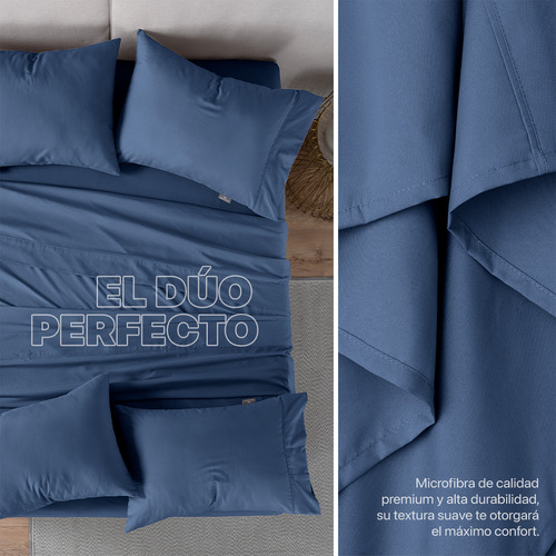 Paquete 2 Juegos Sábanas Queen Size Microfibra Real Textil Azul Liso