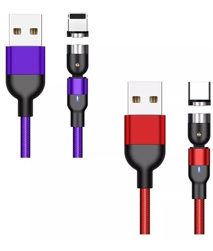 Juego De 2 Cables Usb Magnético 3 En 1 Cargador De Celulares Color Morado/rojo 2m