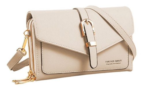 Bolsa Carteira Feminina Porta Celular Tiracolo Fivela Cor Cru