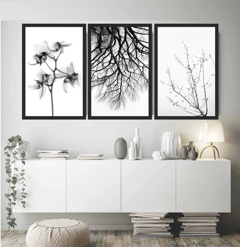 Quadro Decorativo Árvore Flores Preto E Branco Minimalista