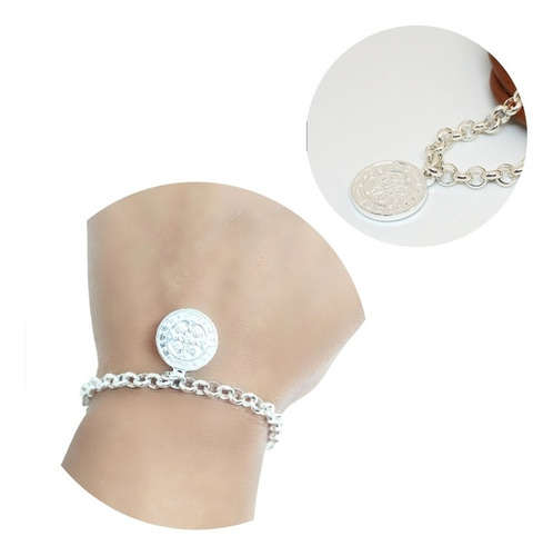 Pulsera Acero Blanco Eslabón Rolo Con Dije San Benito 