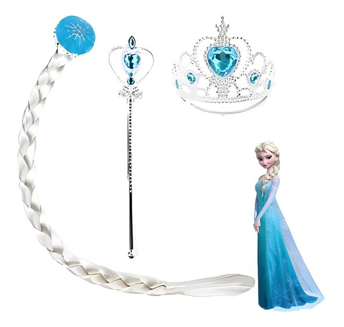 Kit Frozen Elsa Acessórios C/ Trança, Coroa E Varinha