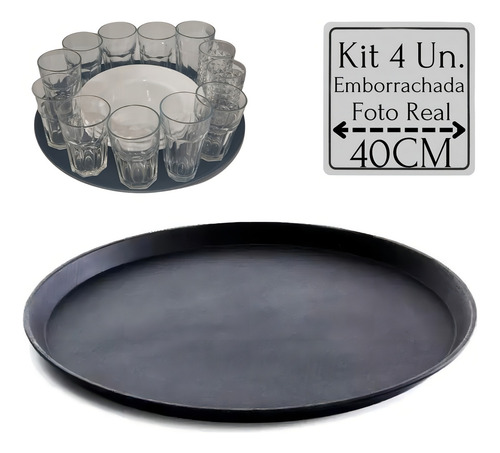 Kit 4 Bandeja Profissional De Garçom Antiderrapante Redonda