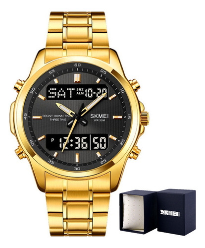 Reloj Deportivo De Acero Inoxidable Impermeable Skmei Lumino Color Del Fondo Golden Black