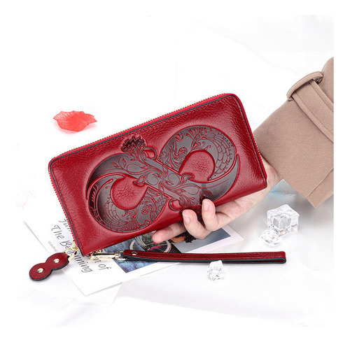 Cartera Larga For Mujer, Piel Encerada Al Aceite, Bolso De