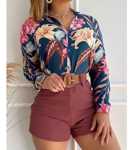 Conjunto Para Dama Moda Casual Camisa + Shorts + Cinturón