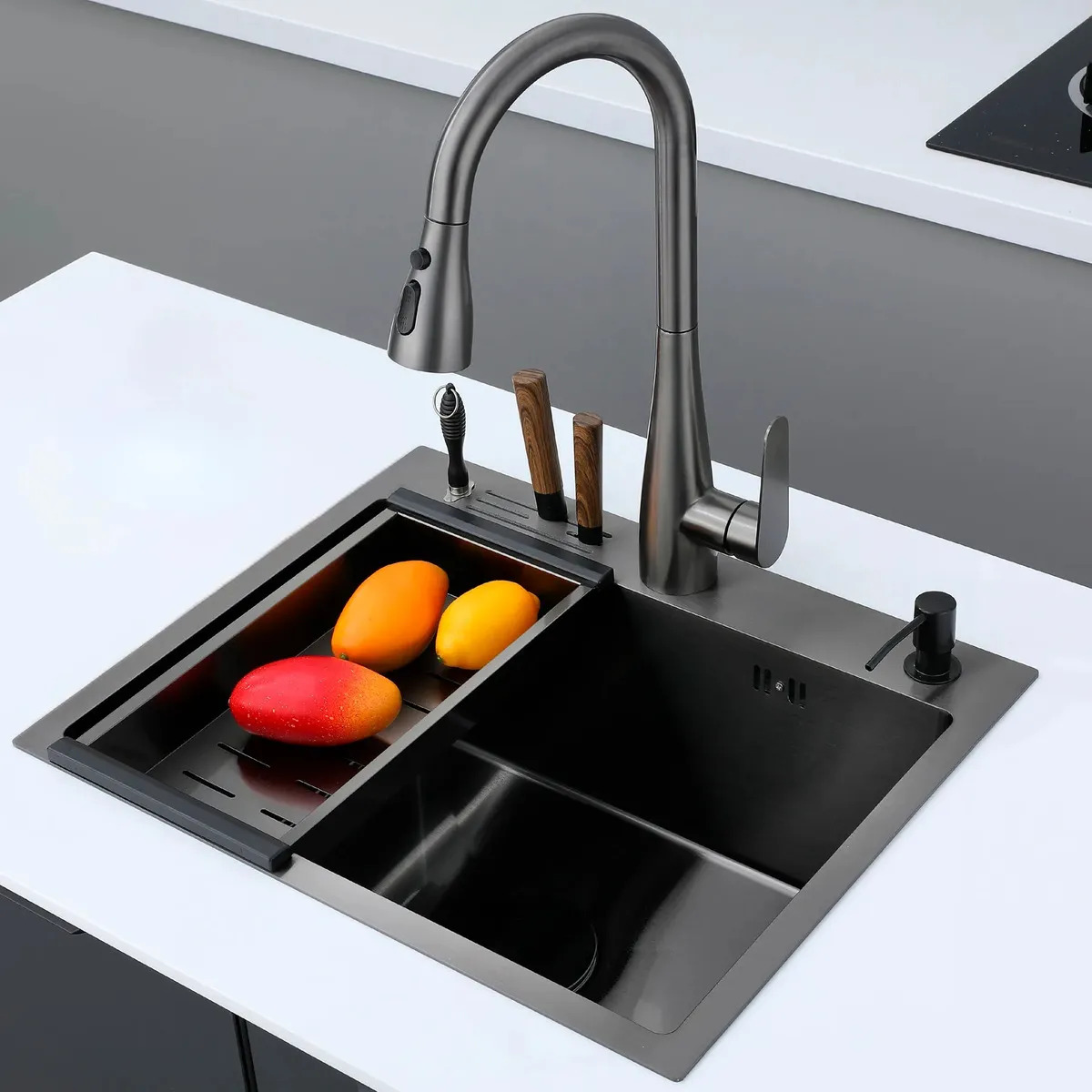 Bacha Cocina Griferia Acero Inox Accesorios 55x45x22cm Yuka Negro