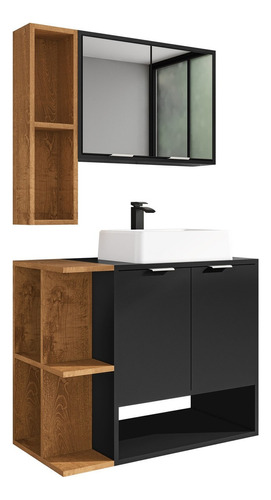 CASA JD MÓVEIS Banheiro New Ibiza 70cmx47.8cmx45cm kit gabinete banheiro gabinete com cuba e espelheira cor preto e nature