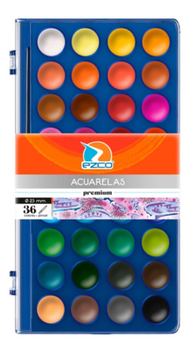 Acuarelas Ezco Premium X 36 Colores + Pincel Estuche Rígido