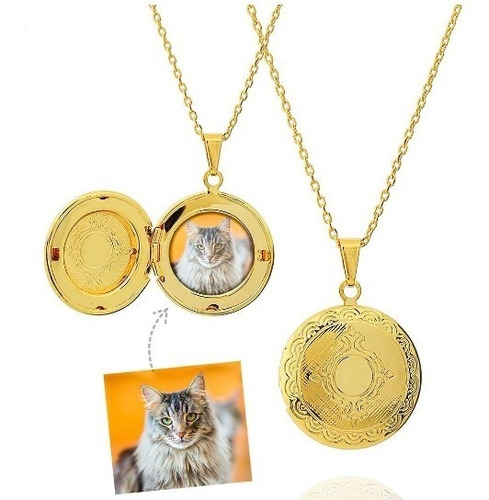 Imagem 4 de 5 de Colar Relicário Redondo Com Foto - Dourado
