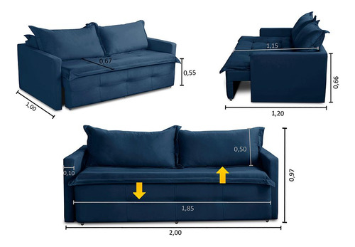 Sofá Sem Caixa Ret Reclinável 2,00m Molas Maísa Suede Azul