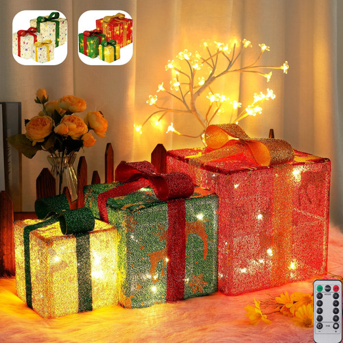 Caja De Regalo Luminosa De 3 Piezas Con Lazo Y Luces Led, Gu