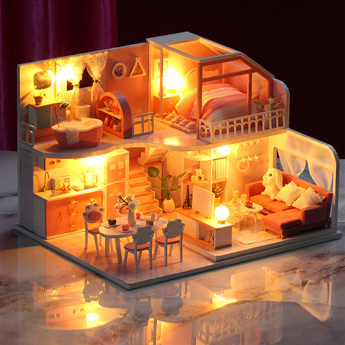 Casa De Muñecas En Miniatura De Bricolaje Con Muebles Y Luce