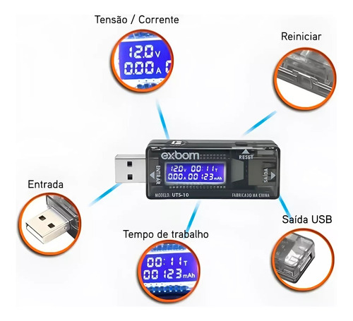 Testador Tensão Voltagem Amperímetro Detector Usb Medidor Azul