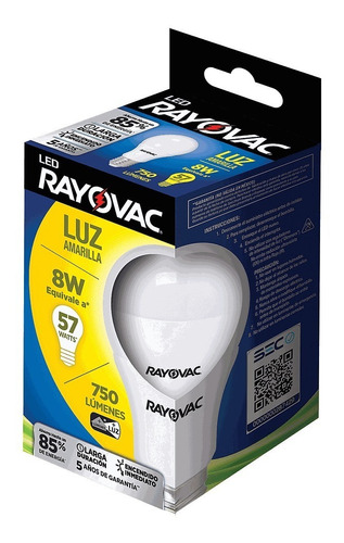 Caja De 10 Ampolletas Led Luz Cálida/amarilla 8w Rayovac