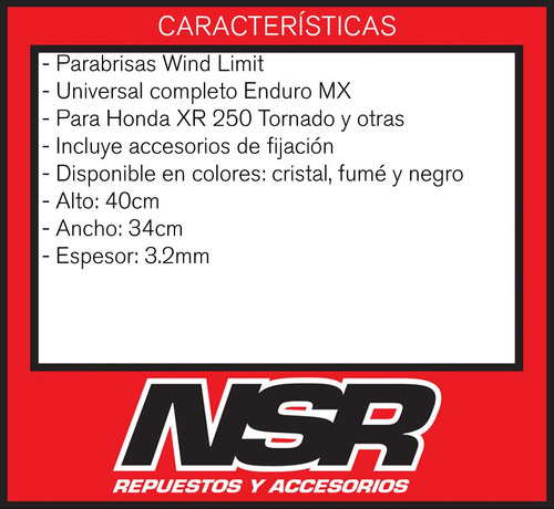 Imagen 2 de 10 de Parabrisas Wl Enduro Mx Honda Bross Tornado Xr Skua 250 Nsr