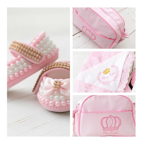 Kit Enxoval Para Bebe Reborn - Manta + Bolsa + Sapato Perola