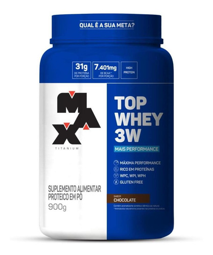 Top Whey 3w Mais Performance 900g Max Titanium Sabor Chocolate