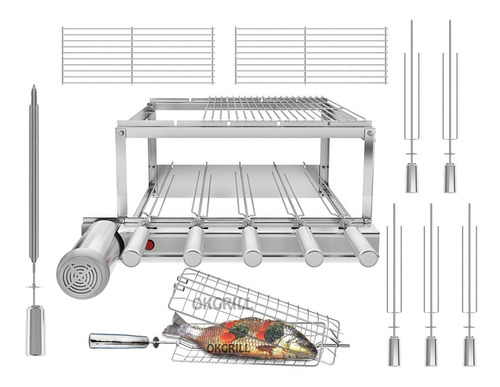 Grill Inox 5 Espetos + 2 Grelhas Auxiliares+grelha Giratória