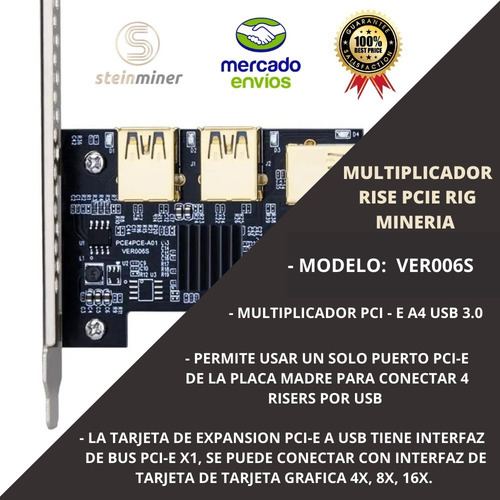 Imagen 2 de 10 de Multiplicador Riser Pcie 1x A 4 Usb3.0 Adaptador Rig Mineria