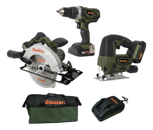Sierra Circular + Taladro + Caladora Bauker 18v + Accesorios