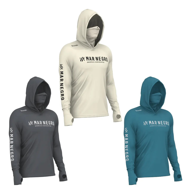 Kit 3 Camisas De Pesca Mar Negro Com Capuz E Buff Poliamida