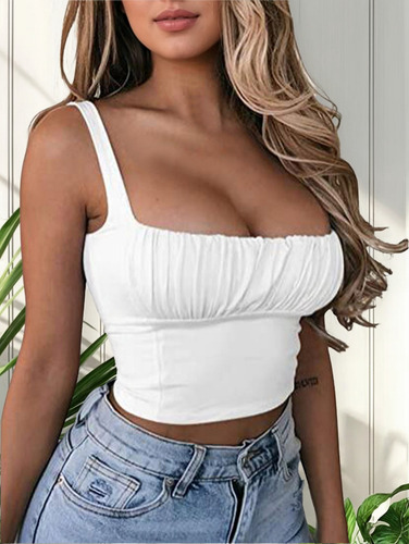 Blusa Camisola Delgada Plisada De Color Con Cuello Para Muje