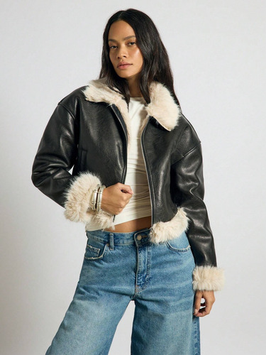 Campera Gamulán Negro Piel Sintética Mujer