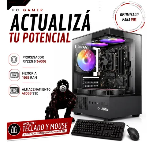 Pc Gamer Amd Ryzen 5 3400g | 16 Gb | 480 Gb | Teclado y Mouse | Wifi | Pc Armada Noxi | Gabinete ARGB