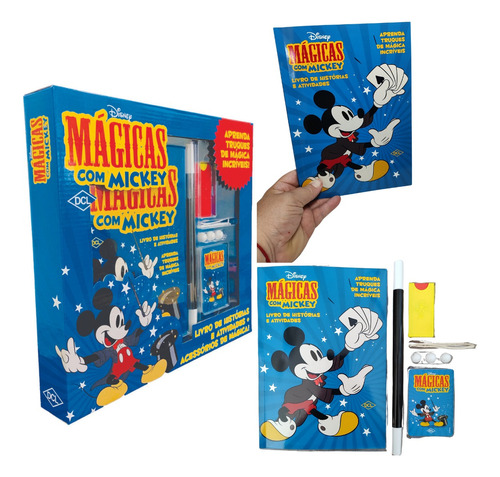 Kit Mágicas Com Mickey Livrinho Com Truques Histórias E Curiosidades Do Mundo Da Mágica Com Acessórios Disney
