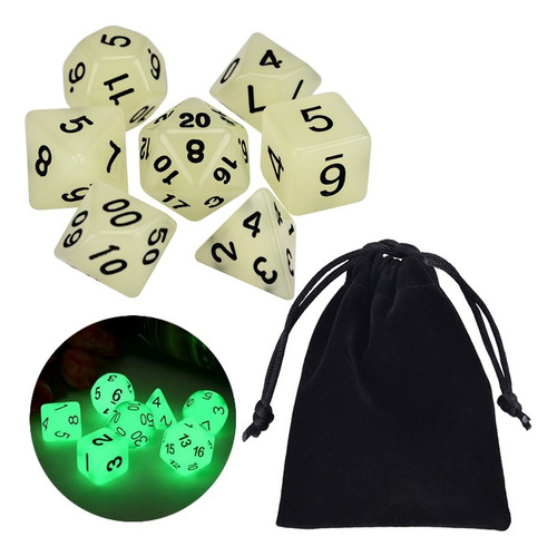 Conjunto 7 Dados Rpg D&d Verde Brilha No Escuro + 1 Bolsa Cor Verde Glow Brilha no Escuro