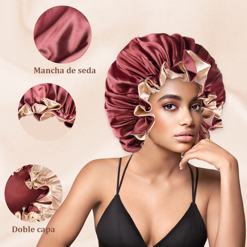 Gorro De Satín Para Dormir Y Proteger El Cabello Doble Capa Rojo Vino