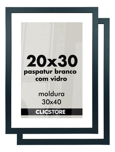 Kit 2 Moldura 20x30 Paspatur Branco Quadro Vidro Fotografia Cor Preto