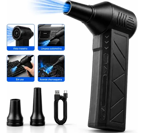 Soprador De Ar Mini Turbo Portatil Usb Sem Fio Recarregavel Para Limpeza Com 2 Bicos E Inflar Preto Woosh