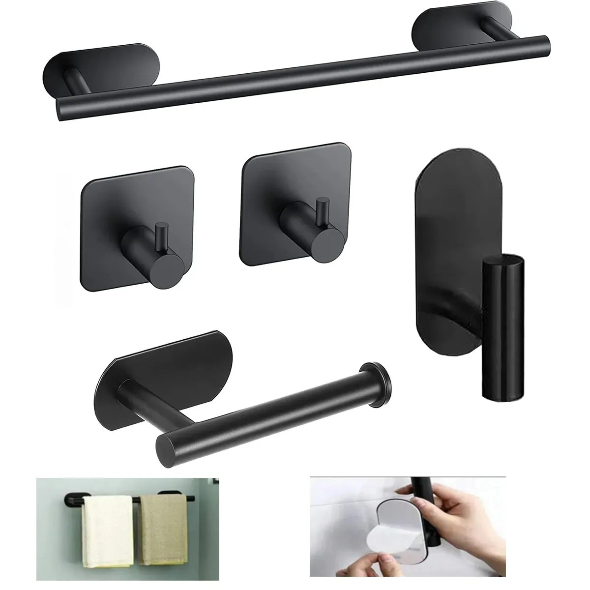 Juego de Accesorios para Baño Forsod, Pack de 5 Piezas en Acero Inoxidable Negro