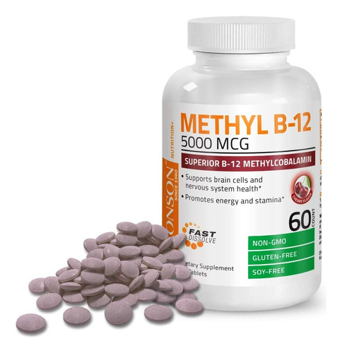 Vitamina B12 5000mcg Con 60 Tabs. Bronson Apoyo Muscular Sabor Fresa