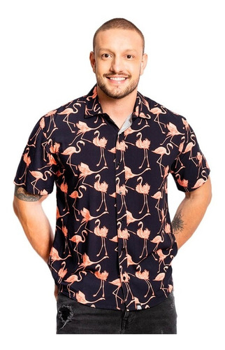 Camisa Flamingos Estampada Viscose Camiseta Preta Flamingo 