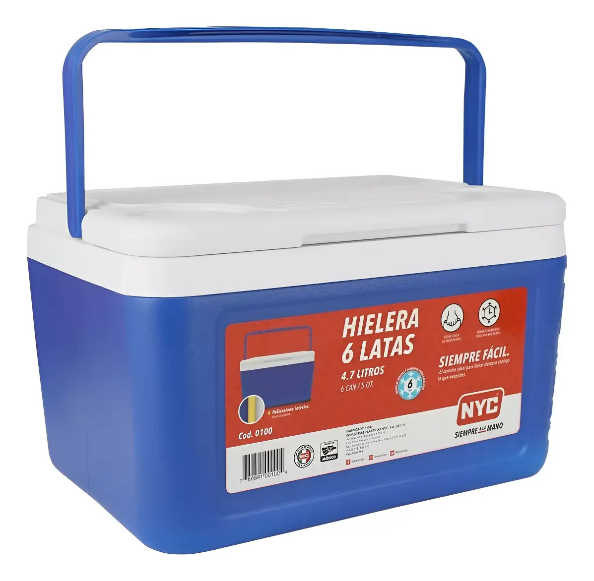 Hielera Plástica 5qt 4.7L Capacidad 6 Latas Color Azul