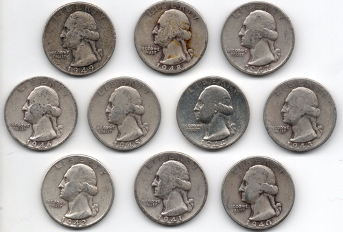 10 Monedas Plata Quarter 1940 1949 Washington Vf Ley .90 Rab