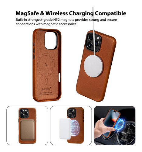 Capa De Couro Belemay Compatível Com iPhone 16 Pro Saddle Br