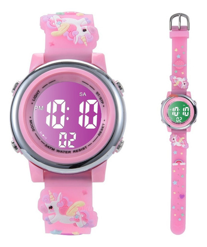 Reloj Niña Digital Luminoso 3d Pony Unicornio Impermeable Correa Rosado
