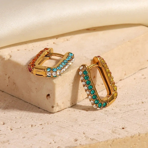 Aretes Arracadas Rectangular Multicolor Rainbow Baño Oro 18k