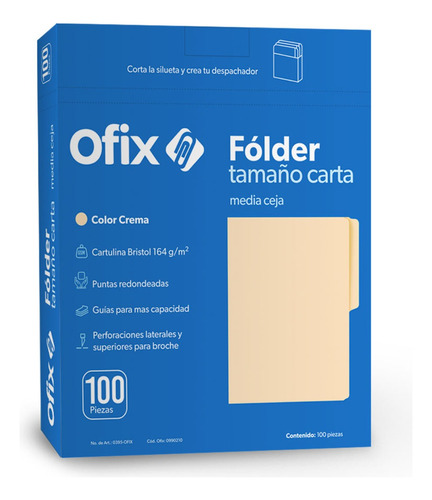 Folder Tamaño Carta Crema Ofix 100 Piezas Cartulina Bristol