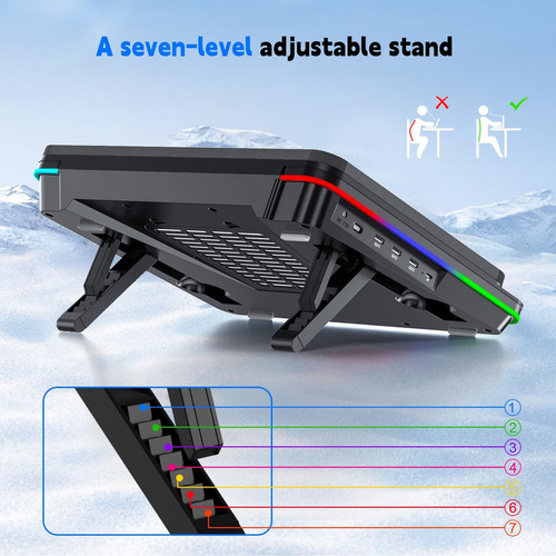 Almohadilla de refrigeración para portátil Iets GT600v2 RGB con turboventilador de 5.5 pulgadas, compatible con portátiles de 14.1 a 19.3 pulgadas y hub USB de 3 puertos.