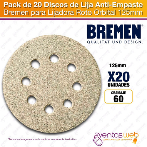 Imagen 2 de 4 de Pack 20 Lijas P Lijadora Roto Orbital 5 /125mm Anti Empaste