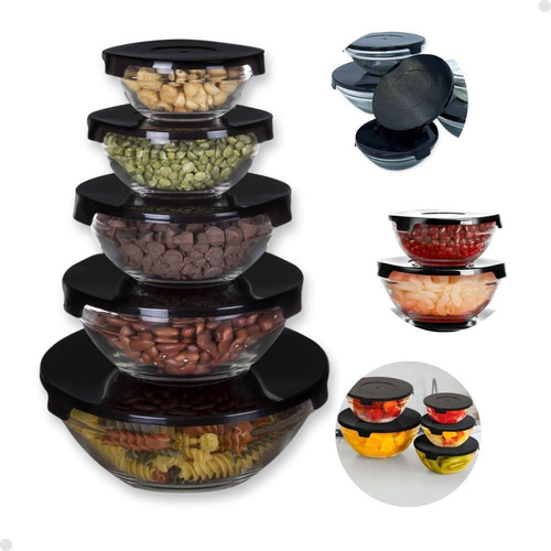 Kit De 5 Potes Bowls Com Tampa Hermética De Vidro Cozinha