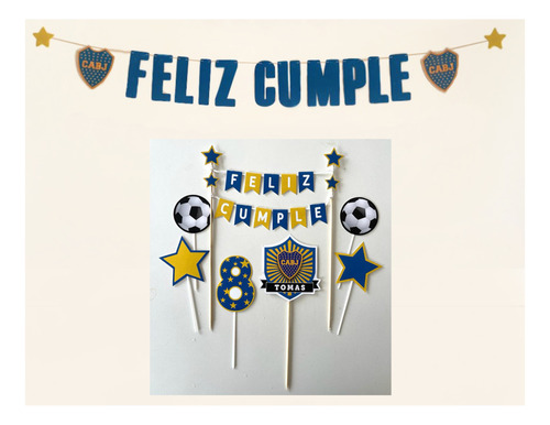 Kit Adorno Topper De Torta + Guirnalda Letras Boca Juniors