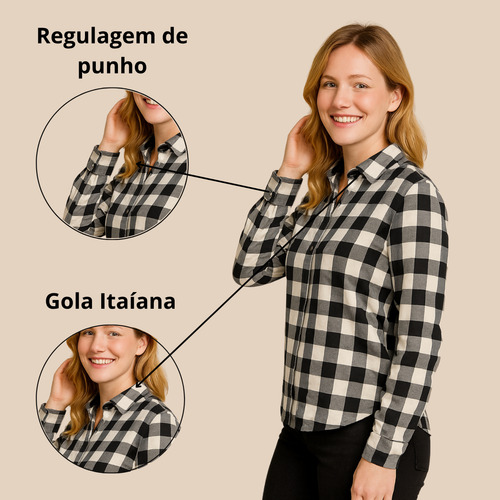 Camisa Feminina Xadrez Flanelada Algodão Quadriculada Junina