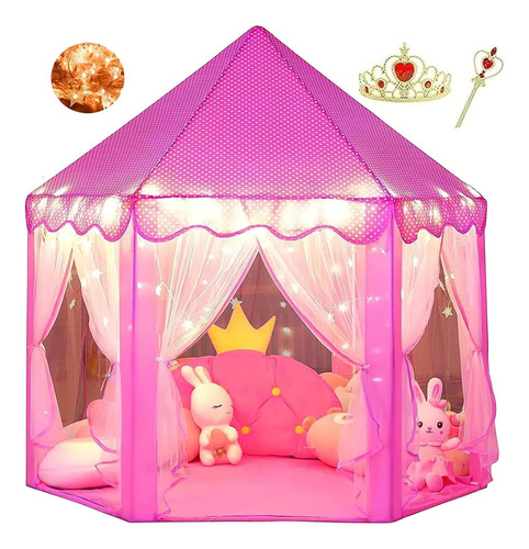 Casa De Campaña Portátil Castillo Princesa Rosa Con Luces
