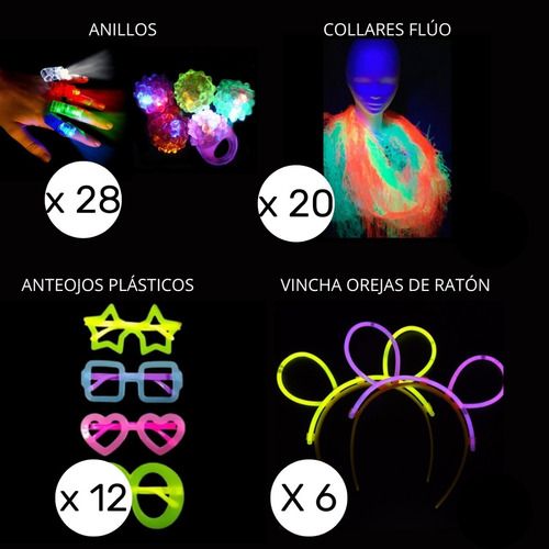 Imagen 6 de 10 de Combo Cotillon Luminoso Led Neon 100 Personas+ Labial Fluo F